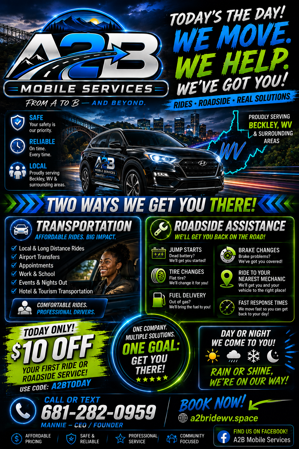 A2B Mobile Services flyer showing transportation and roadside assistance offerings in Beckley WV