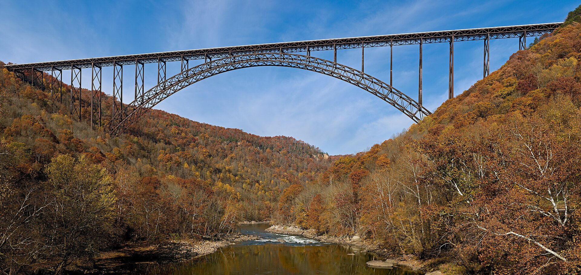 The New River Gorge Bridge spanning the forested gorge near Beckley, West Virginia