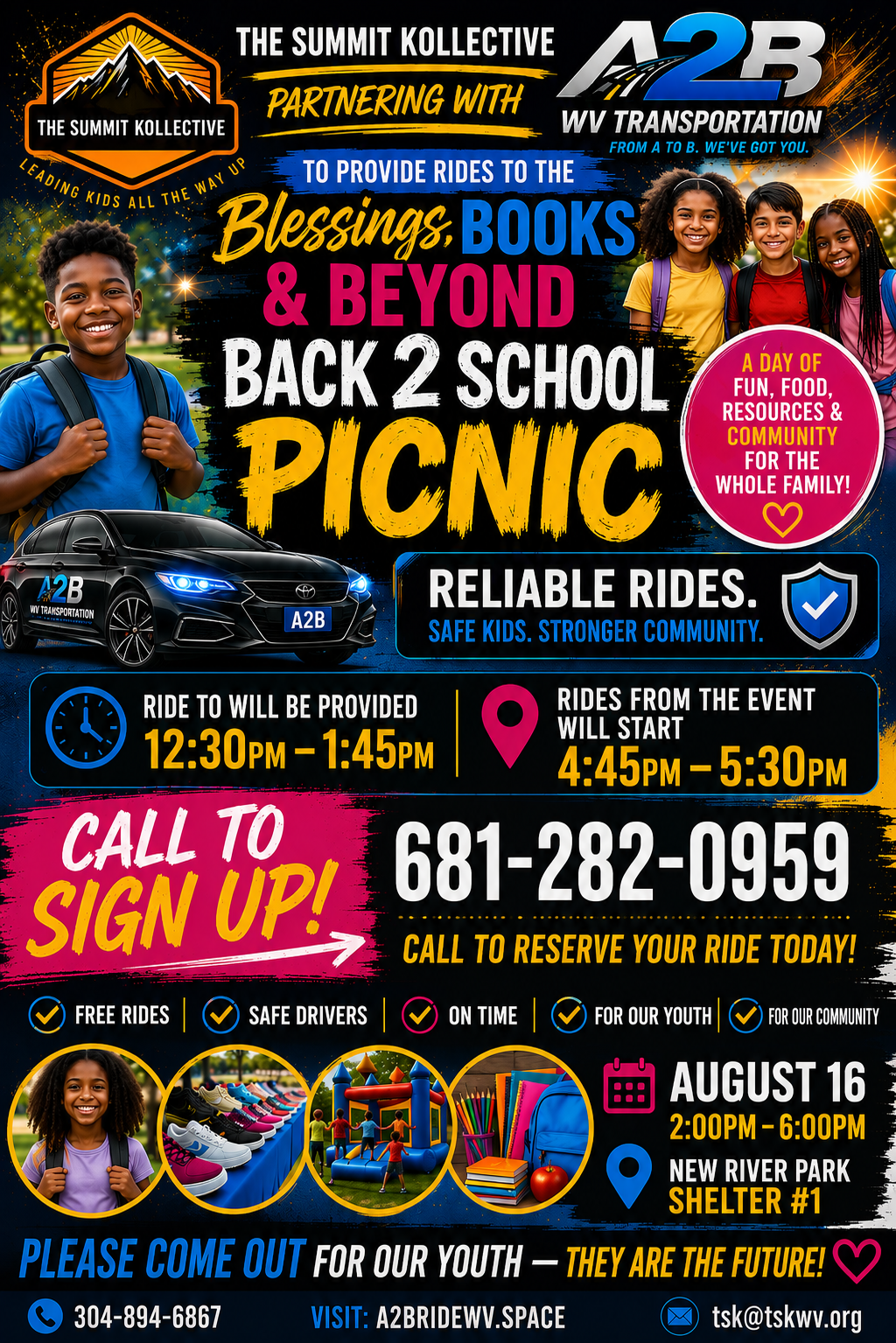 Flyer for the Blessings, Books & Beyond Back 2 School Picnic on August 16, hosted by The Summit Kollective with free rides provided by A2B WV Transportation