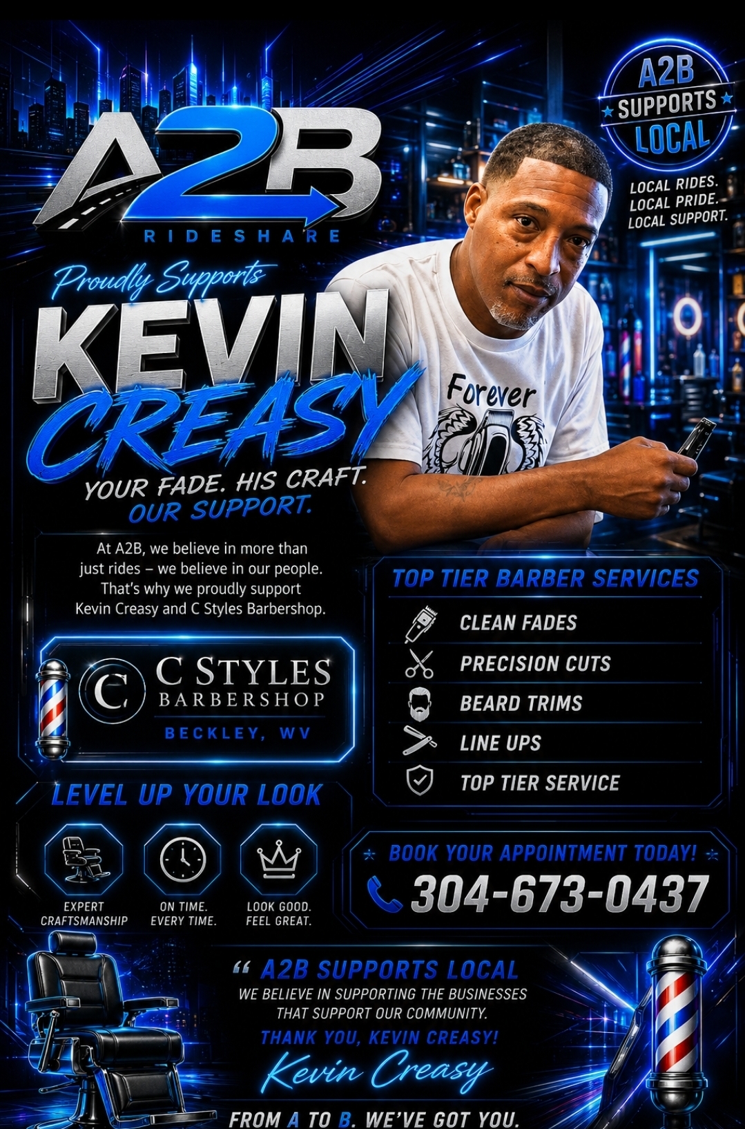 Kevin Creasy of C Styles Barbershop in Beckley WV, an A2B Rideshare supported local barber
